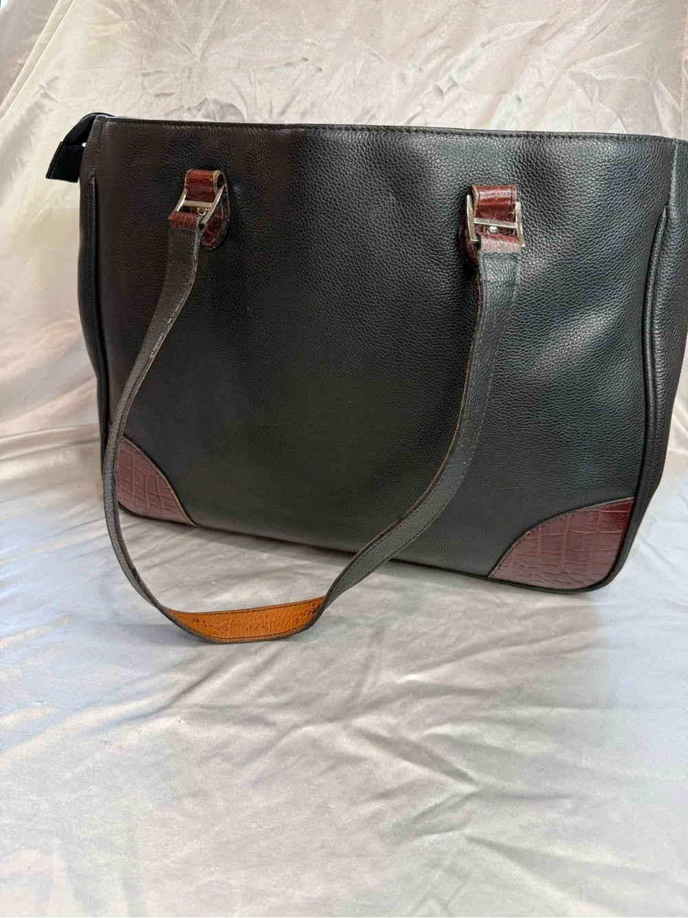 Elegant Leather Black Shoulder Laptop Tote with Brown Accent Corners